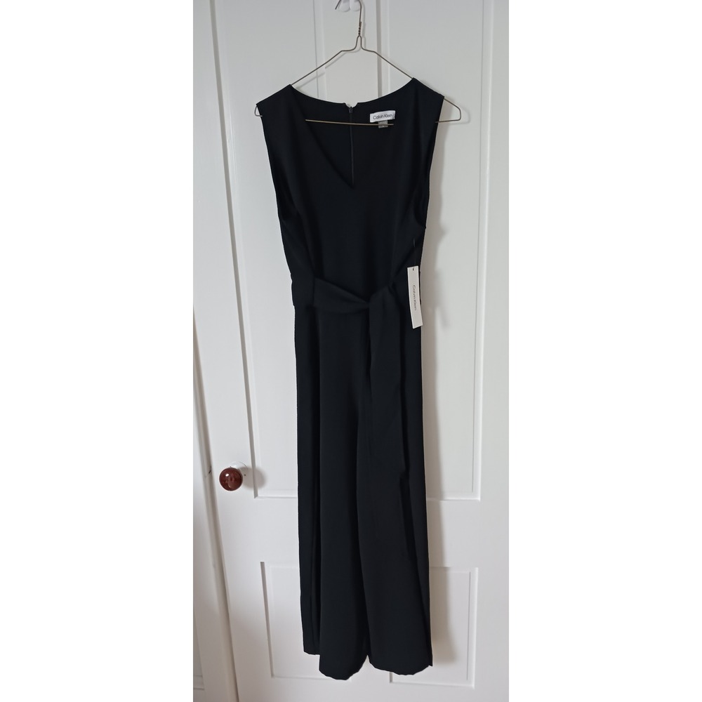 Calvin Klein Black Sleeveless V-Neck Sash Belted Full-Length Romper/Jumpsuit